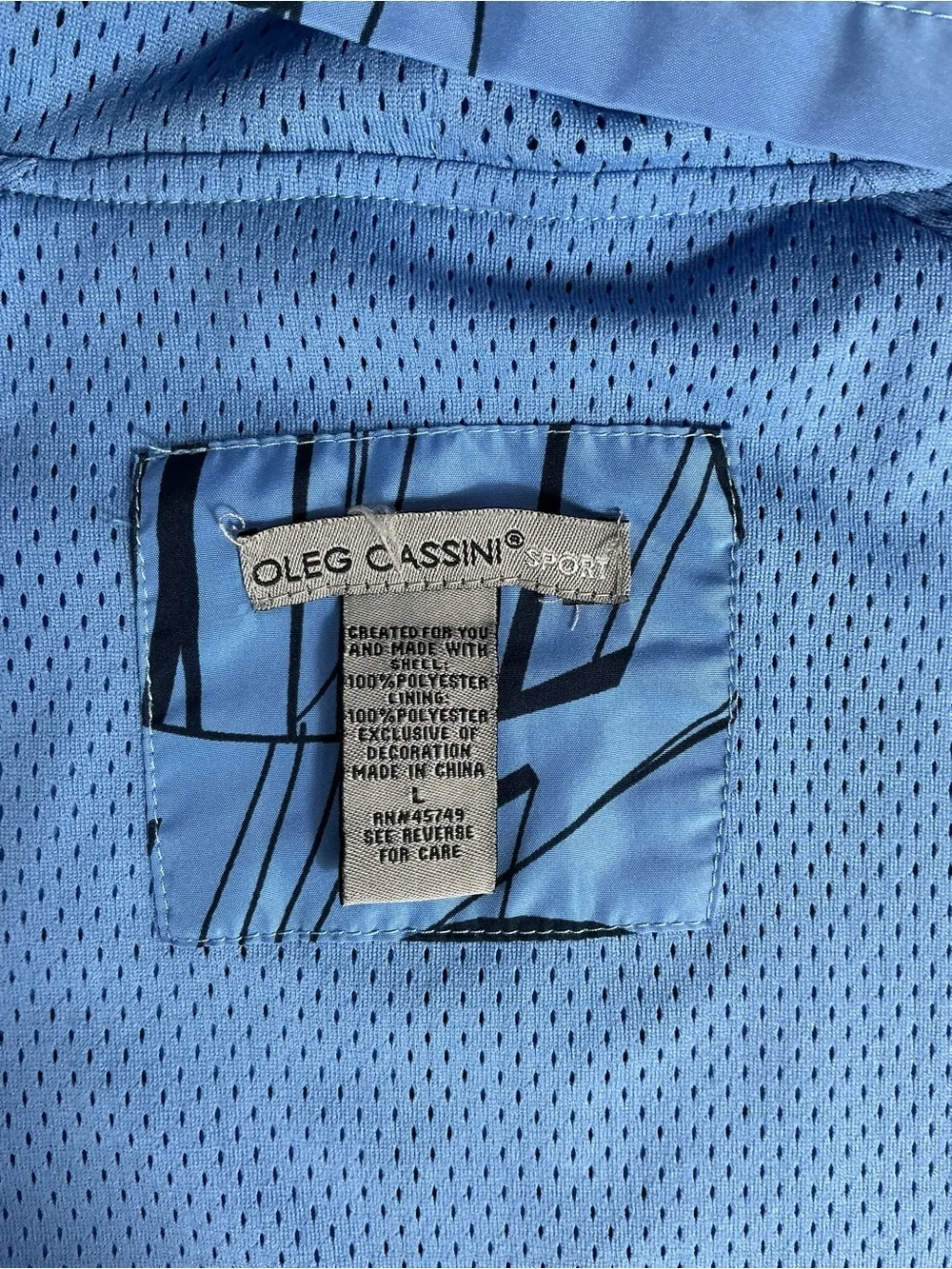 Oleg Cassini Blue Hooded Bomber with Black Abstract Lines